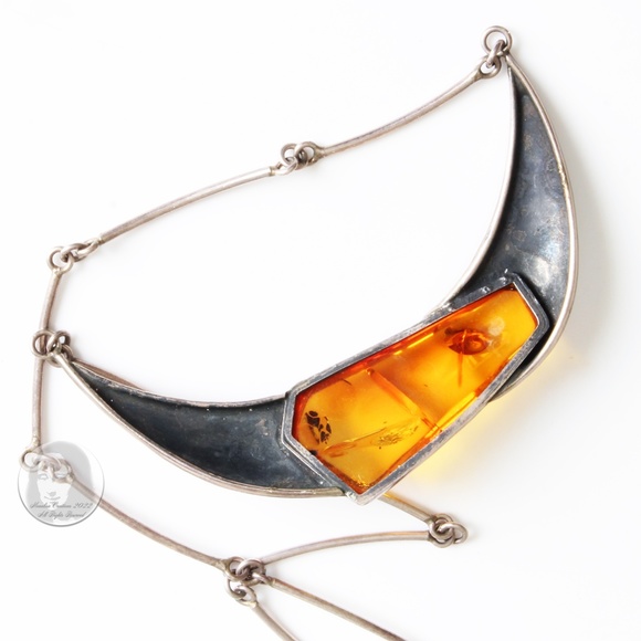 Vintage Necklace with Amber Pendant Abstract Artisan Silver Metal 90s Statement - Picture 8 of 8